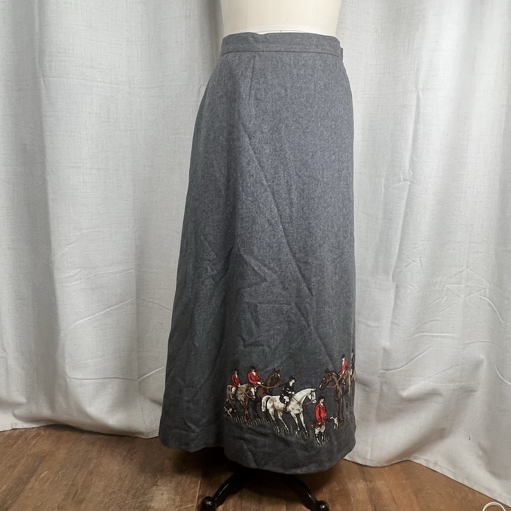 Vintage 70's Bettmaar Artwear Equestrian Fox Hunt Wool Wrap Maxi Skirt Grey 12 - Picture 2 of 13